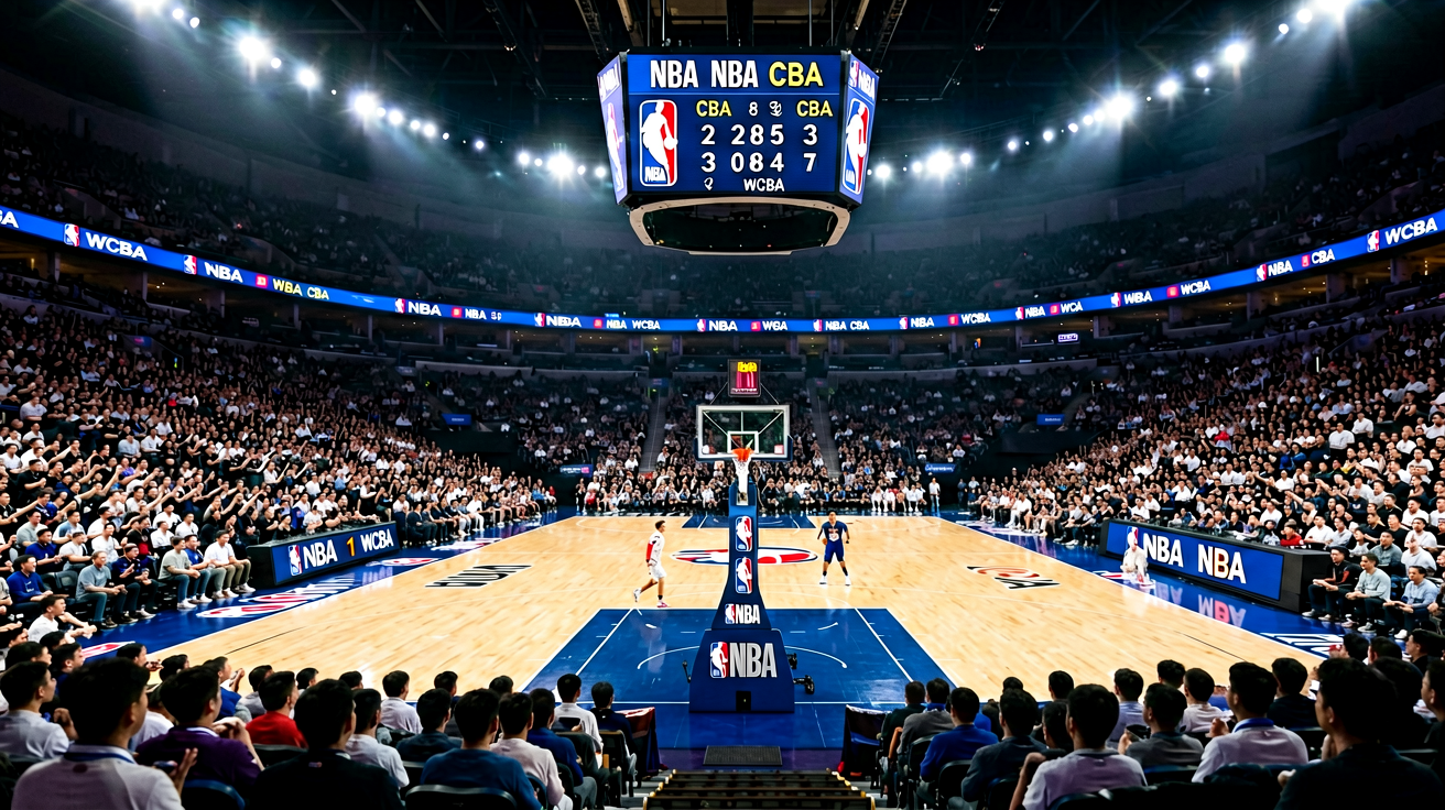 NBA篮球比赛场馆现场，灯光聚焦球场中央